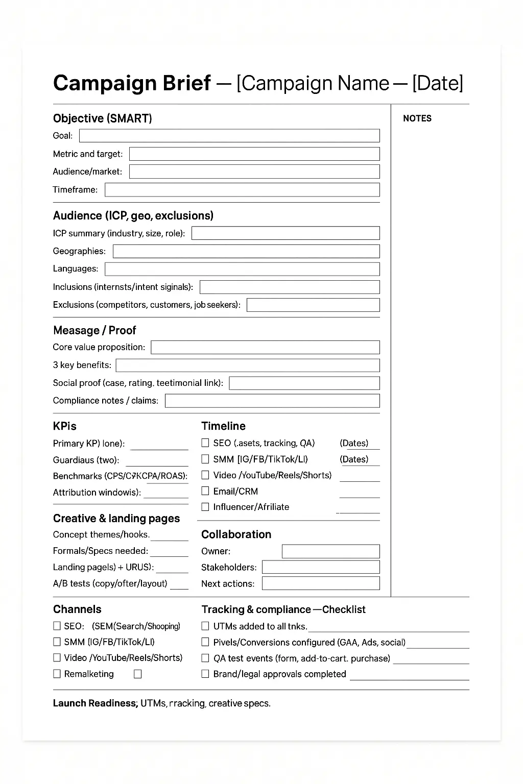 Single‑page marketing campaign brief with objectives, audience, offer, channels, KPIs, and timeline.