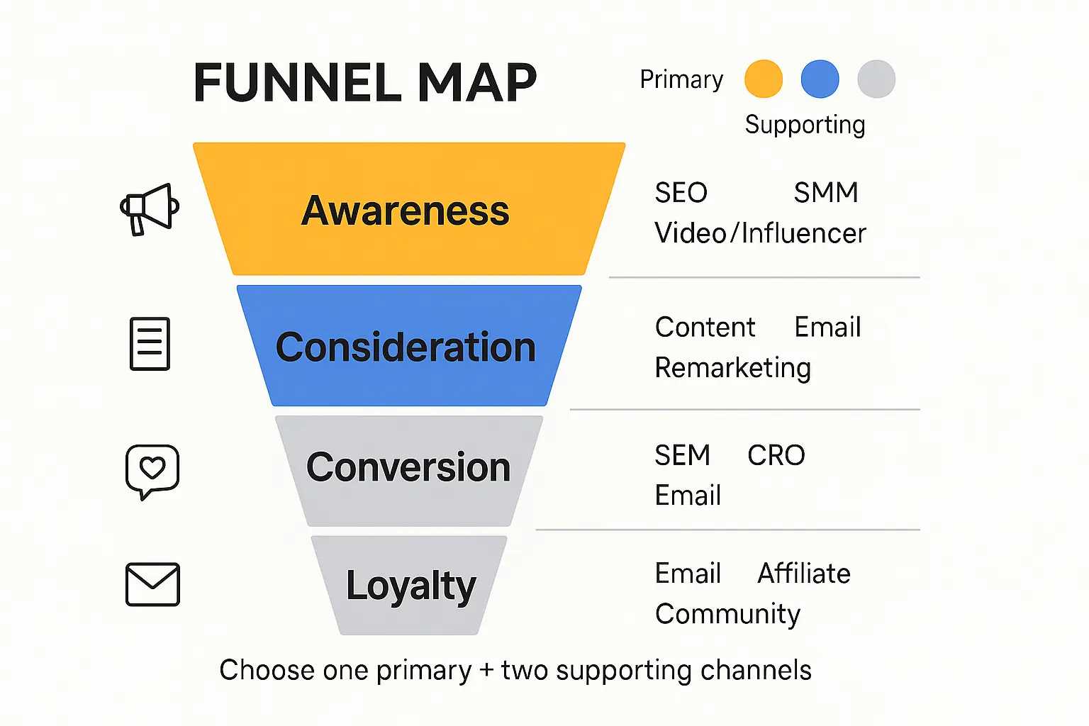 Funnel showing channels mapped to each customer‑journey stage.