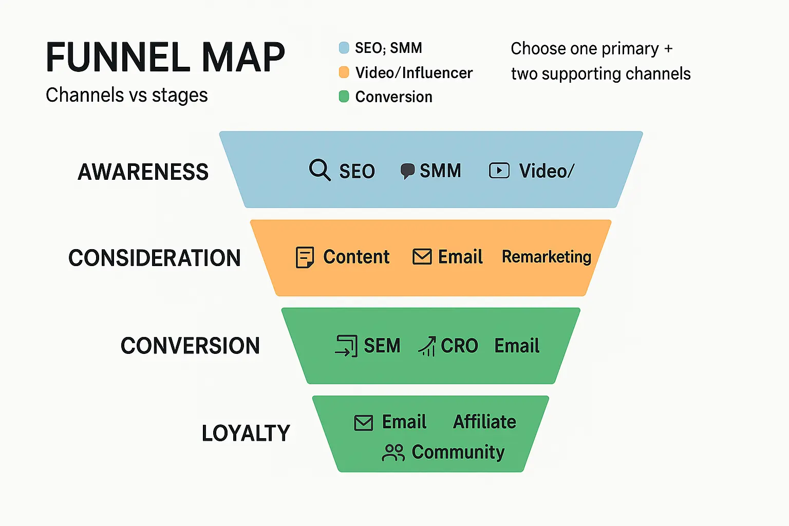 Funnel showing channels mapped to each customer‑journey stage.