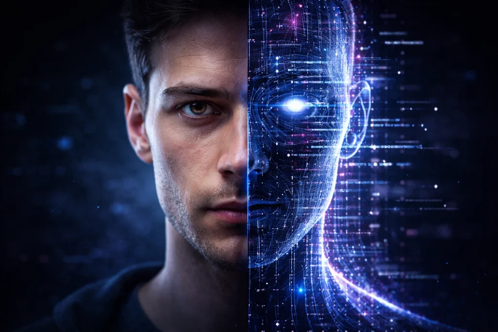 AI deepfake risk concept showing split face of real and artificial identity