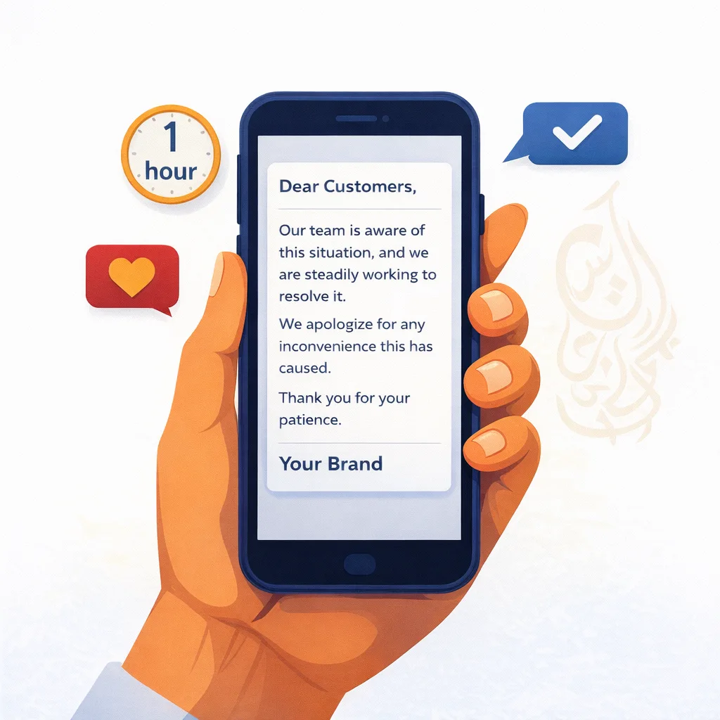 Brand holding statement response on smartphone during a social media crisis in UAE