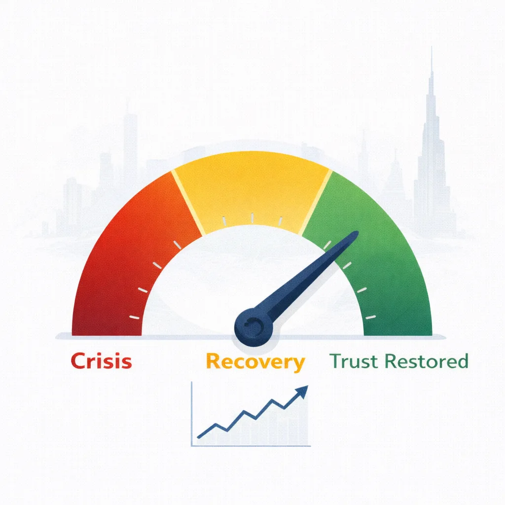 Brand reputation recovery meter showing social media crisis stages from red to green for UAE businesses