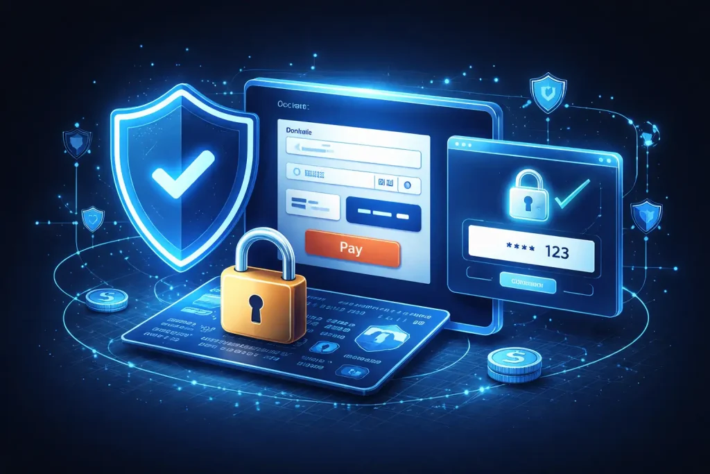 Cybersecurity illustration showing SSL shield, PCI compliance padlock, 3D Secure verification, and encrypted payment protection for UAE ecommerce checkout
