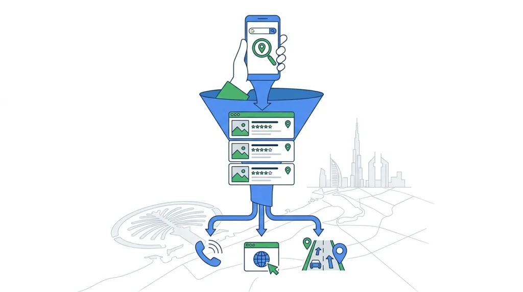 Diagram of how Google Maps searches lead to Dubai Map Pack results and customer actions like calls and directions