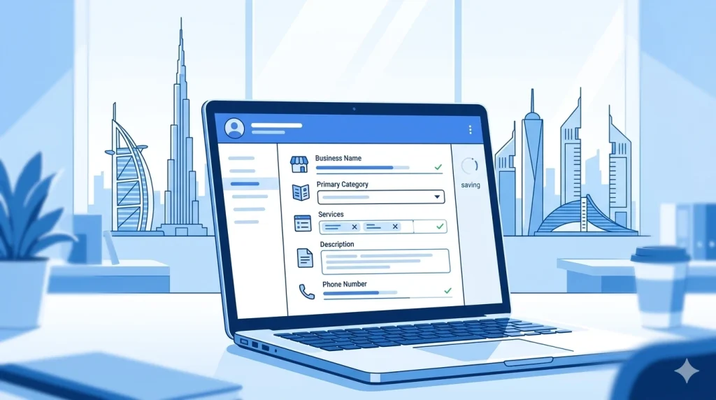 Illustration of a Google Business Profile being optimised with categories, services and contact details for a Dubai business
