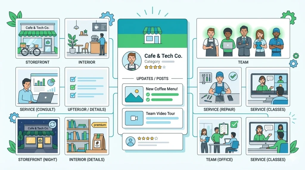 Set of business photos and Google Business Profile updates illustrating active photo and post activity for a Dubai company