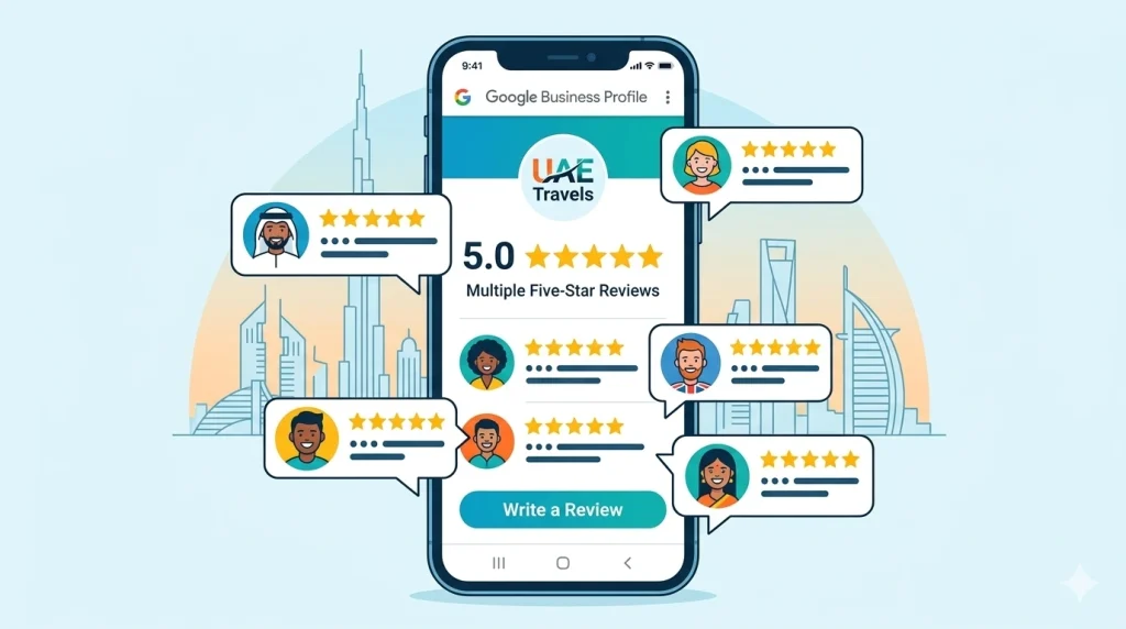 Smartphone illustration showing a Dubai business Google listing with many positive star ratings and customer reviews