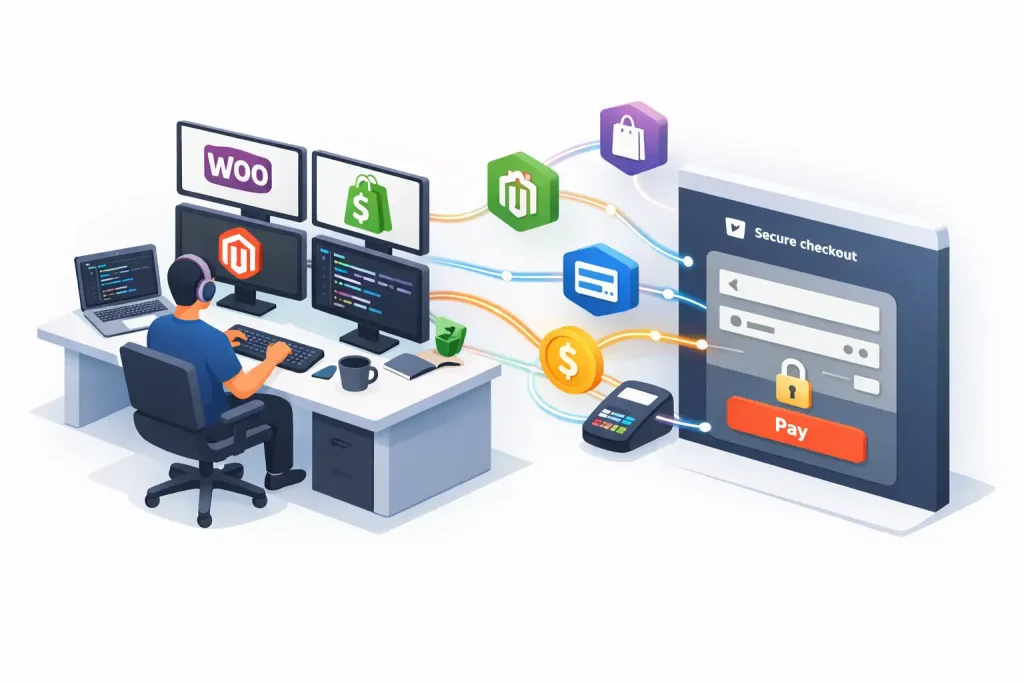 Isometric view of developer integrating WooCommerce, Shopify, Magento, and PHP payment gateways with API connections to secure ecommerce checkout
