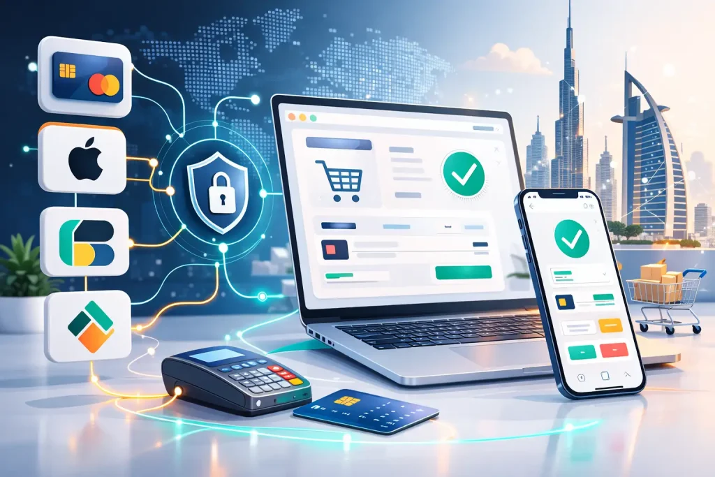 Illustration of ecommerce payment gateways including PayTabs, Network International, Telr, Checkout.com, Tabby, and Tamara connected to UAE online store dashboard
