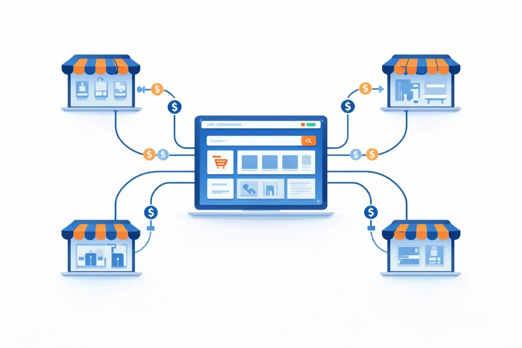 Multi-vendor ecommerce marketplace illustration with central store connecting to multiple vendor dashboards and split payment distribution flows

