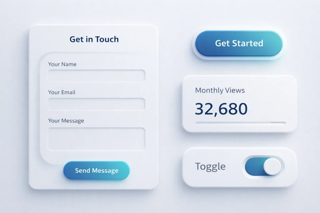 Neumorphism UI design elements — soft 3D cards and buttons for modern website design in 2026

