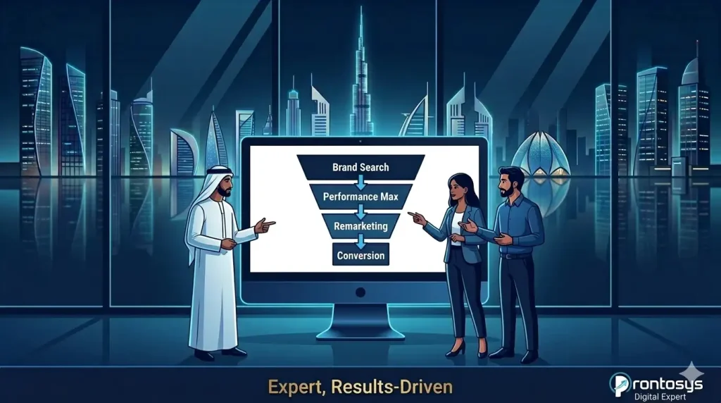 Prontosys UAE Google Ads team planning a Performance Max campaign strategy for Dubai businesses