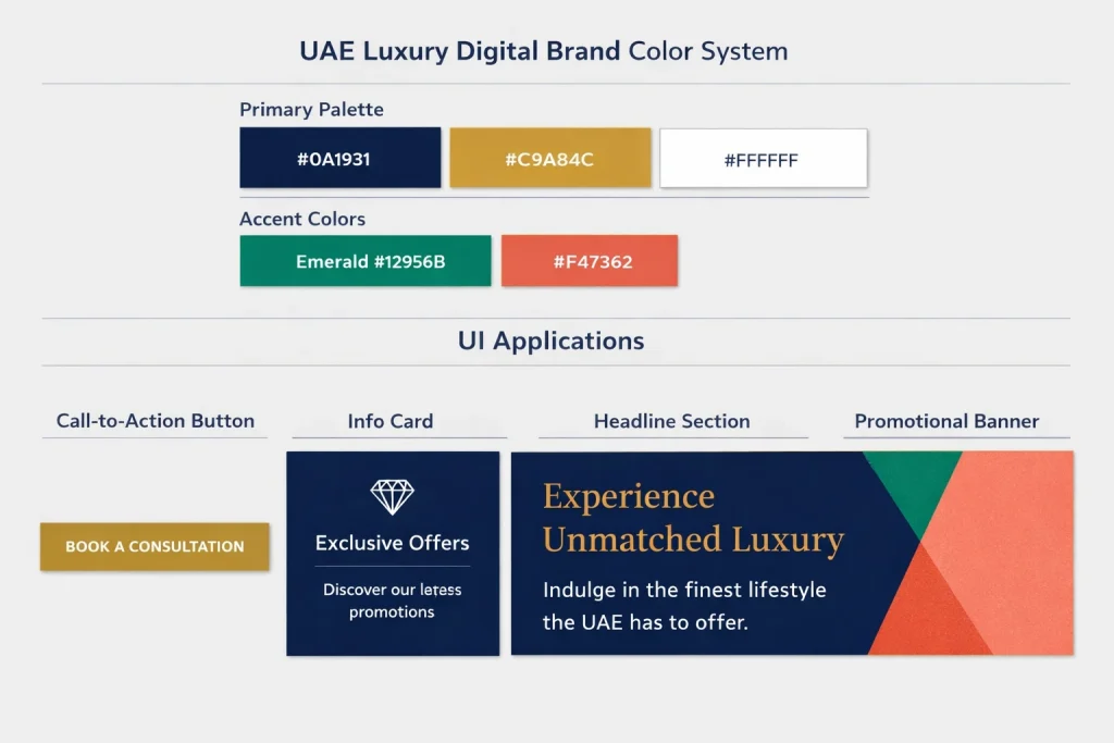 2026 color psychology for UAE brand websites — luxury color palette design system with navy, gold and white

