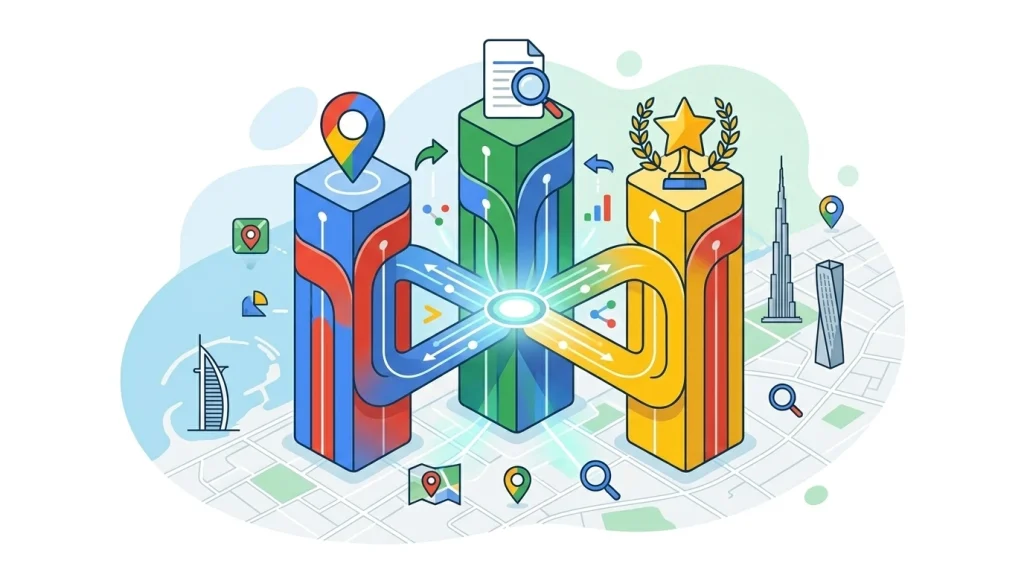 Three icons representing proximity, relevance, and prominence as main Google Maps ranking factors for Dubai businesses