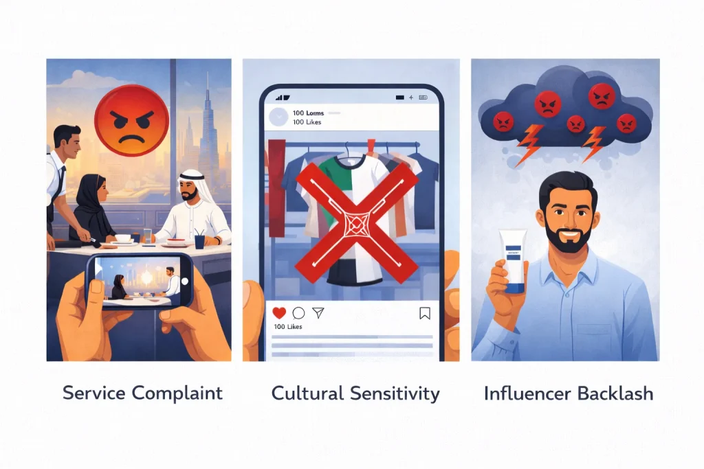 Three social media crisis scenarios for UAE brands — service complaint, cultural sensitivity, influencer backlash