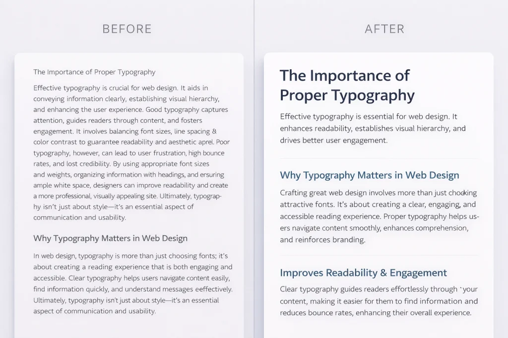 Typography before and after comparison — modern web design typography trends 2026 for UAE businesses

