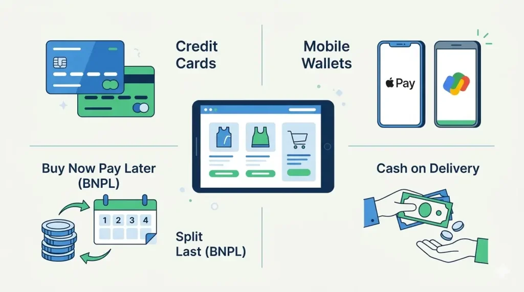Infographic of four UAE ecommerce payment methods: credit cards, Apple Pay and Google Pay wallets, Tabby Tamara BNPL instalments, and Cash on Delivery
