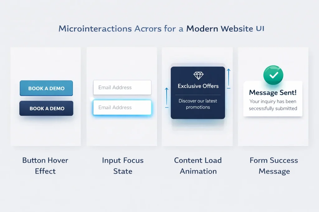 Website microinteractions and interactive UI elements — web design trends 2026 showing hover states, form animations and scroll effects

