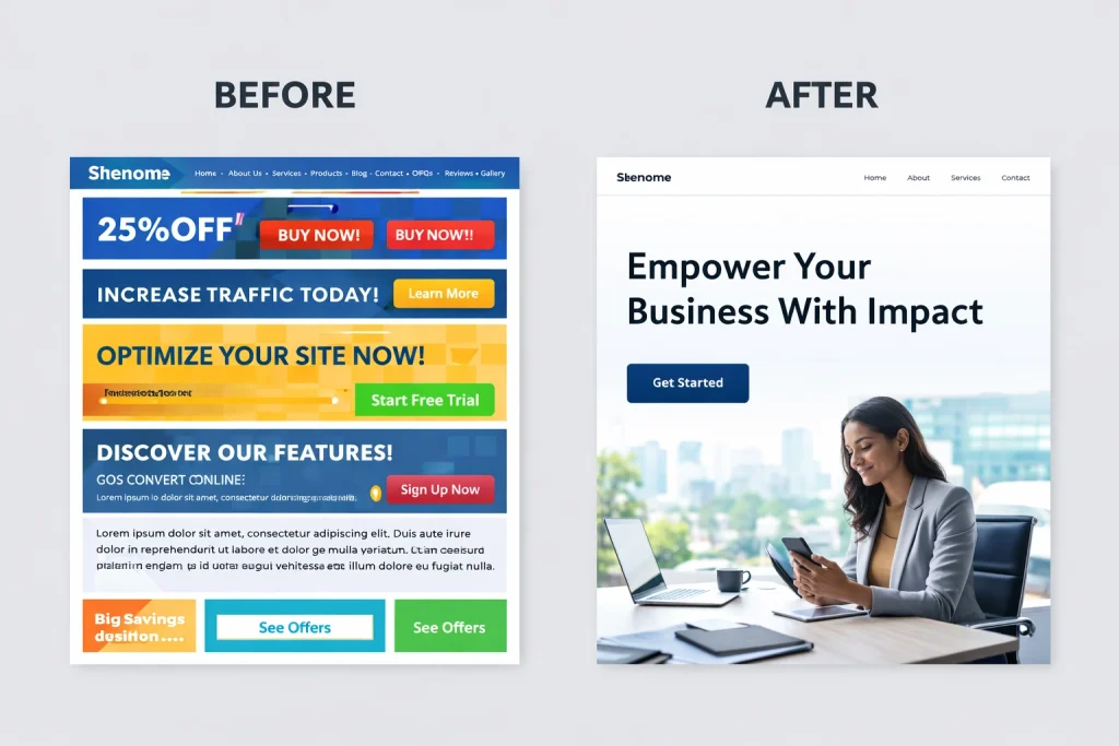 Before and after comparison of minimalist modern website design in UAE — clean layout vs cluttered homepage

