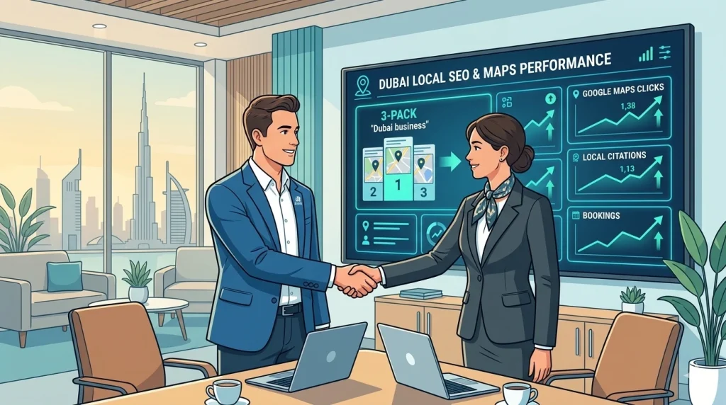 Dubai business owner meeting a local SEO expert while viewing improved Google Maps rankings on a large screen