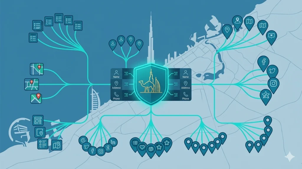 Central Dubai business listing connected to multiple local directories and map pins representing citations and NAP consistency